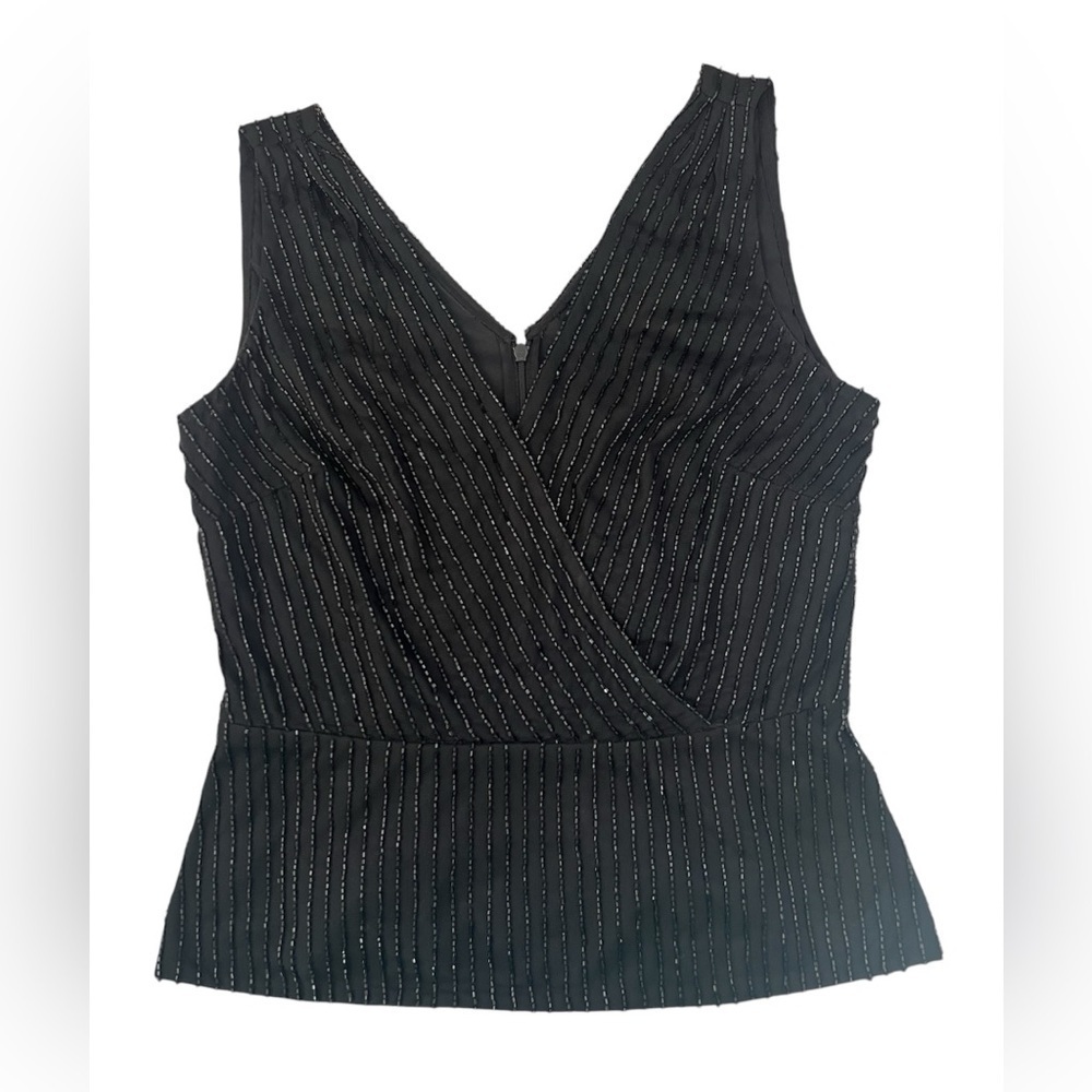Adrianna Papell black sleeveless V-neck beaded peplum top women’s size 4